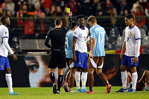 BRUSSELS - Referee Irfan Peljto, Aurelien Tchouameni of France during the UEFA Nations League match between Belgium and France at the King Baudouin Stadium on Oct. 14, 2024 in Brussels, Belgium. ANP Hollandse Hoogte UEFA Nations League 2024 25 League A Group A2 2024 25 xVIxANPxSportx xGerritxvanxKeulenxIVx 510907646 originalFilename: 510907646.jpg