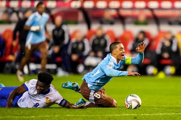 BRUSSELS, BELGIUM - OCTOBER 14: Aurelien Tchouameni of France fouls Youri Tielemans of Belgium during the UEFA Nations League 2024 25 League A Group A2 match between Belgium and France at the King Baudouin Stadium on October 14, 2024 in Brussels, Belgium. (Photo by Rene Nijhuis) SPO  Copyright: xRenexNijhuis