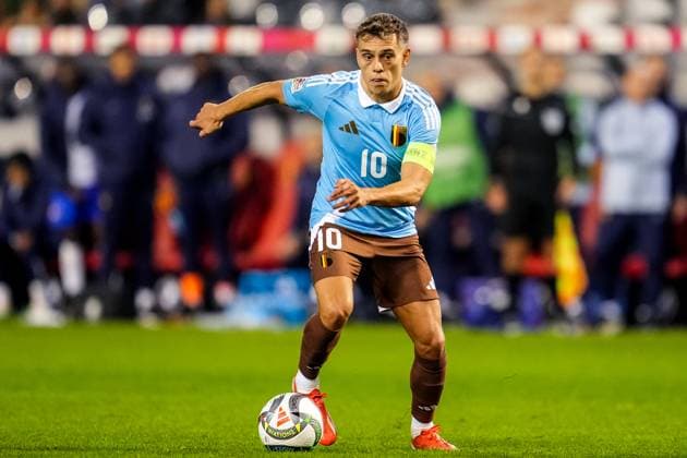 BRUSSELS, BELGIUM - OCTOBER 14: Leandro Trossard of Belgium dribbles with the ball during the UEFA Nations League 2024 25 League A Group A2 match between Belgium and France at the King Baudouin Stadium on October 14, 2024 in Brussels, Belgium. (Photo by Rene Nijhuis)  Copyright: xRenexNijhuis