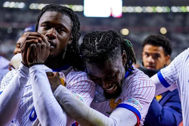 BRUSSELS, BELGIUM - OCTOBER 14: Eduardo Camavinga of France and Manu Kone of France celebrate their team s win during the UEFA Nations League 2024 25 League A Group A2 match between Belgium and France at the King Baudouin Stadium on October 14, 2024 in Brussels, Belgium. (Photo by Rene Nijhuis)  Copyright: xRenexNijhuis