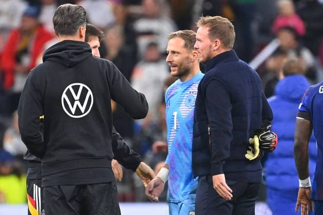 v.li:Sandro WAGNER (Co Trainer GER) mit Torwart Oliver BAUMANN (GER) ,Bundestrainer Julian NAGELSMANN (GER) nach Spielende. Fussball UEFA Nations League Deutschland (GER) - Niederlande (NED) 1-0 am 14.10.2024 in der A L L I A N Z A R E N A Muenchen,