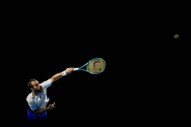 French Hugo Gaston pictured in action during a tennis match in the round of 32 of the singles competition at the ATP, Tennis Herren European Open Tennis tournament in Antwerp, Tuesday 15 October 2024. JASPERxJACOBS  x102615093x
