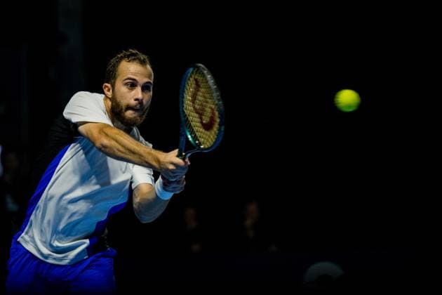 French Hugo Gaston pictured in action during a tennis match in the round of 32 of the singles competition at the ATP, Tennis Herren European Open Tennis tournament in Antwerp, Tuesday 15 October 2024. JASPERxJACOBS  x102615211x