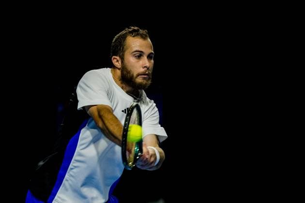 French Hugo Gaston pictured in action during a tennis match in the round of 32 of the singles competition at the ATP, Tennis Herren European Open Tennis tournament in Antwerp, Tuesday 15 October 2024. JASPERxJACOBS  x102615216x