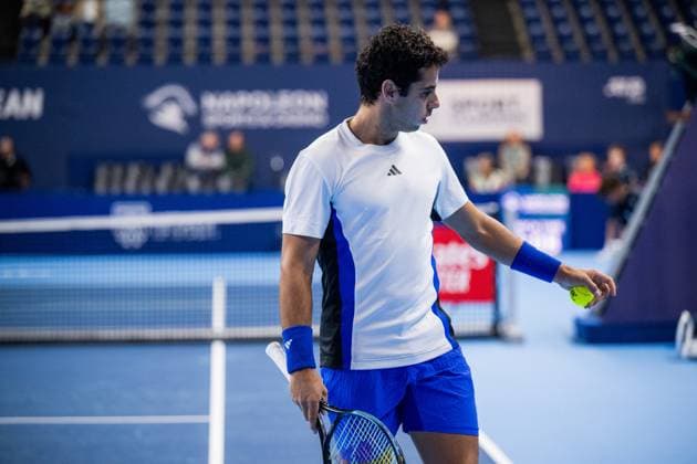 Spanish Jaume Munar pictured in action during a tennis match in the round of 32 of the singles competition at the ATP, Tennis Herren European Open Tennis tournament in Antwerp, Tuesday 15 October 2024. JASPERxJACOBS  x102615284x