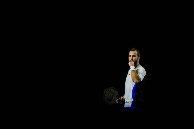 French Hugo Gaston pictured in action during a tennis match in the round of 32 of the singles competition at the ATP, Tennis Herren European Open Tennis tournament in Antwerp, Tuesday 15 October 2024. JASPERxJACOBS  x102615318x
