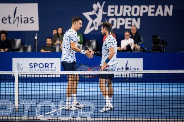 Belgian Joran Vliegen and Belgian Sander Gille pictured in action during a tennis match in the round of 16 of the doubles competition at the ATP, Tennis Herren European Open Tennis tournament in Antwerp, Tuesday 15 October 2024. JASPERxJACOBS  x102626013x