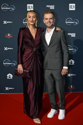 Fien Maddens and Eli Iserbyt pictured on the red carpet at the arrival for the Kristallen Fiets (Crystal Bike - Velo de Cristal) award ceremony for the best cyclists of the 2024 cycling season, organized by Flemish newspaper Het Laatste Nieuws, Tuesday 15 October 2024, in Kruisem. DIRKxWAEM  x102639479x