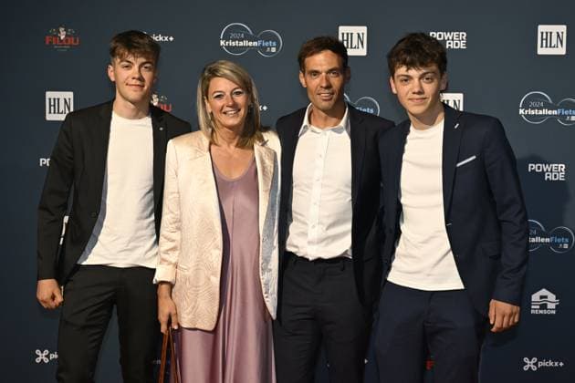 Belgian national cycling coach Sven Vanthourenhout, Celine Maenhout, Stan and Seppe pictured on the red carpet at the arrival for the Kristallen Fiets (Crystal Bike - Velo de Cristal) award ceremony for the best cyclists of the 2024 cycling season, organized by Flemish newspaper Het Laatste Nieuws, Tuesday 15 October 2024, in Kruisem. DIRKxWAEM  x102639841x