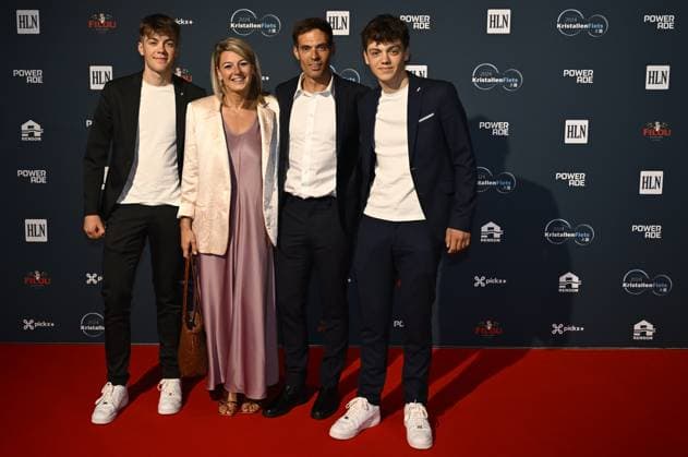 Belgian national cycling coach Sven Vanthourenhout, Celine Maenhout, Stan and Seppe pictured on the red carpet at the arrival for the Kristallen Fiets (Crystal Bike - Velo de Cristal) award ceremony for the best cyclists of the 2024 cycling season, organized by Flemish newspaper Het Laatste Nieuws, Tuesday 15 October 2024, in Kruisem. DIRKxWAEM  x102639888x