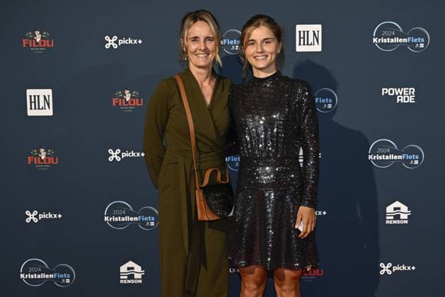 Sofie Hoeben and Fleur Moors pictured on the red carpet at the arrival for the Kristallen Fiets (Crystal Bike - Velo de Cristal) award ceremony for the best cyclists of the 2024 cycling season, organized by Flemish newspaper Het Laatste Nieuws, Tuesday 15 October 2024, in Kruisem. DIRKxWAEM  x102639932x