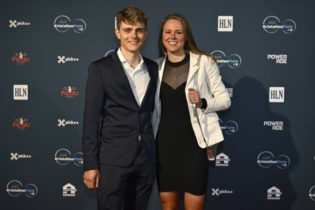 Gilles De Wilde and Julie De Wilde pictured on the red carpet at the arrival for the Kristallen Fiets (Crystal Bike - Velo de Cristal) award ceremony for the best cyclists of the 2024 cycling season, organized by Flemish newspaper Het Laatste Nieuws, Tuesday 15 October 2024, in Kruisem. DIRKxWAEM  x102639999x