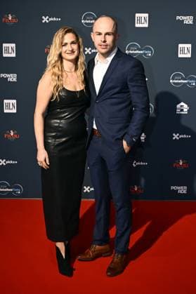 Belgian Tim Celen and partner pictured on the red carpet at the arrival for the Kristallen Fiets (Crystal Bike - Velo de Cristal) award ceremony for the best cyclists of the 2024 cycling season, organized by Flemish newspaper Het Laatste Nieuws, Tuesday 15 October 2024, in Kruisem. DIRKxWAEM  x102640312x