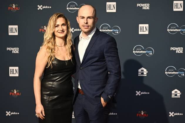 Belgian Tim Celen and partner pictured on the red carpet at the arrival for the Kristallen Fiets (Crystal Bike - Velo de Cristal) award ceremony for the best cyclists of the 2024 cycling season, organized by Flemish newspaper Het Laatste Nieuws, Tuesday 15 October 2024, in Kruisem. DIRKxWAEM  x102640313x