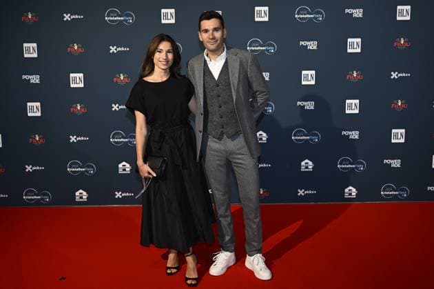 Belgian Gianni Vermeersch and his wife Shauny Vandekerckhove pictured on the red carpet at the arrival for the Kristallen Fiets (Crystal Bike - Velo de Cristal) award ceremony for the best cyclists of the 2024 cycling season, organized by Flemish newspaper Het Laatste Nieuws, Tuesday 15 October 2024, in Kruisem. DIRKxWAEM  x102640387x