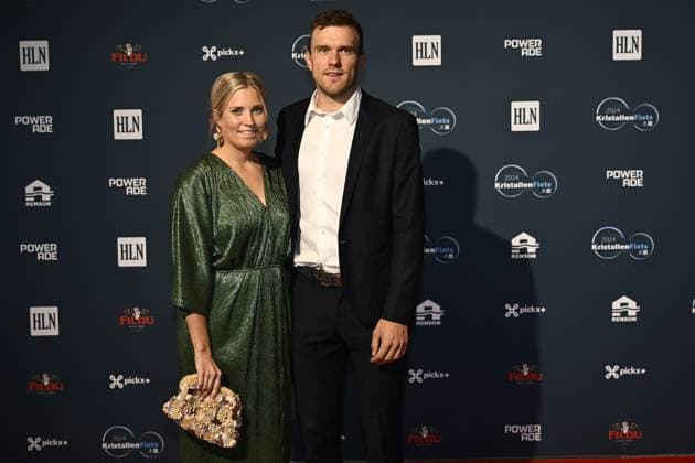 Belgian Bert Van Lerberghe and Sien Deviaene pictured on the red carpet at the arrival for the Kristallen Fiets (Crystal Bike - Velo de Cristal) award ceremony for the best cyclists of the 2024 cycling season, organized by Flemish newspaper Het Laatste Nieuws, Tuesday 15 October 2024, in Kruisem. DIRKxWAEM  x102640748x
