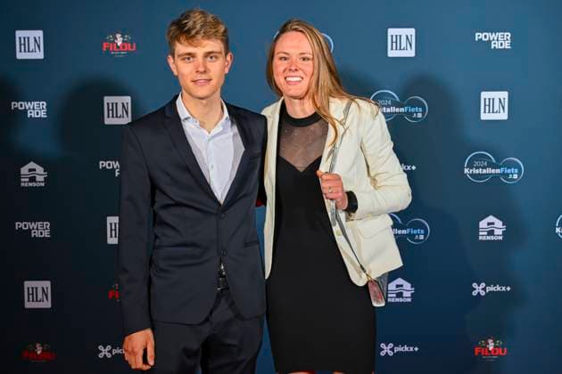Kristallen Fiets 2024 KRUISEM, BELGIUM - OCTOBER 15 : De Wilde Julie And Gilles De Wilde pictured during the Kristallen Fiets award show. The award is a trophy that rewards the best male and female Belgian cyclist of the year. It is an initiative of the Flemish newspaper Het Laatste Nieuws. At NOA Outdoor Living on October 15, 2024 in Kruisem, Belgium, 15 10 2024 Kruisem Belgium  Copyright: xVincentxKalutx
