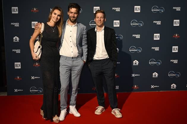 Ine Bruggeman, Laurens De Vreese and Jan Bakelants pictured on the red carpet at the arrival for the Kristallen Fiets (Crystal Bike - Velo de Cristal) award ceremony for the best cyclists of the 2024 cycling season, organized by Flemish newspaper Het Laatste Nieuws, Tuesday 15 October 2024, in Kruisem. DIRKxWAEM  x102641057x
