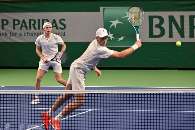 STOCKHOLM, SVERIGE 20241015 Erik Grevelius och Filip Bergevi i sin match mot Jeevan Nedunchezhiyan och Vijay Sundar Prashanth, Indoien i dubbel under i Nordic Open i Kungliga Tennishallen. STOCKHOLM SVERIGE x10060x