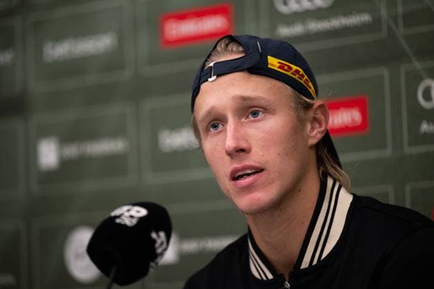 241015 Leo Borg of Sweden during a press conference, PK, Pressekonferenz after a men s singles tennis match during day 4 of the ATP, Tennis Herren 250 Nordic Open on October 15, 2024 in Stockholm. Photo: Emma Wallskog BILDBYRAN COP 320 EW0443 tennis atp 250 nordic open day 4 bbeng Copyright: EMMAxWALLSKOG BB241015EW060
