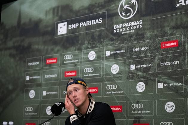 241015 Leo Borg of Sweden during a press conference, PK, Pressekonferenz after a men s singles tennis match during day 4 of the ATP, Tennis Herren 250 Nordic Open on October 15, 2024 in Stockholm. Photo: Emma Wallskog BILDBYRAN COP 320 EW0443 tennis atp 250 nordic open day 4 bbeng depp Copyright: EMMAxWALLSKOG BB241015EW061