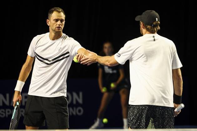 American Robert Galloway and Kazach Aleksandr Nedovyesov pictured during a tennis match in the round of 16 of the doubles competition at the ATP, Tennis Herren European Open Tennis tournament in Antwerp, Wednesday 16 October 2024. DAVIDxPINTENS  x102686539x