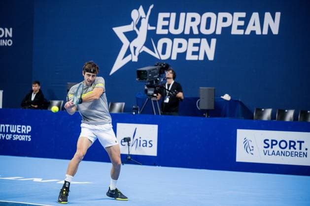Tomas Martin Etcheverry pictured in action during a tennis match in the round of 32 of the singles competition at the ATP, Tennis Herren European Open Tennis tournament in Antwerp, Wednesday 16 October 2024. JASPERxJACOBS  x102687299x