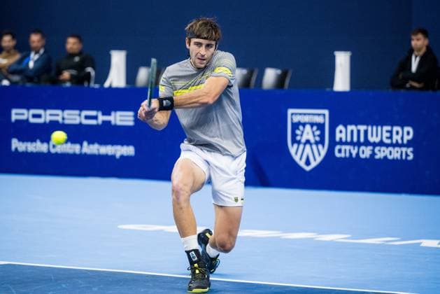 Tomas Martin Etcheverry pictured in action during a tennis match in the round of 32 of the singles competition at the ATP, Tennis Herren European Open Tennis tournament in Antwerp, Wednesday 16 October 2024. JASPERxJACOBS  x102687309x