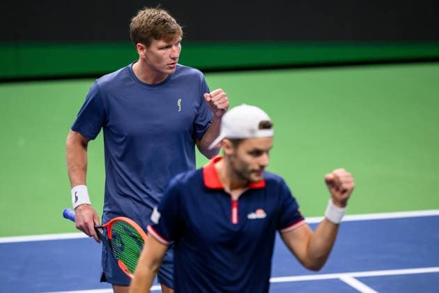 241016 AndrÃ Göransson of Sweden and Sem Verbeek of Netherlands celebrate as they compete in a men s doubles tennis match during day 5 of the ATP, Tennis Herren 250 Nordic Open on October 16, 2024 in Stockholm. Photo: Jesper Zerman BILDBYRAN kod JZ SD0014 tennis atp 250 nordic open day 5 bbeng jubel Copyright: JESPERxZERMAN BB241016JZ003