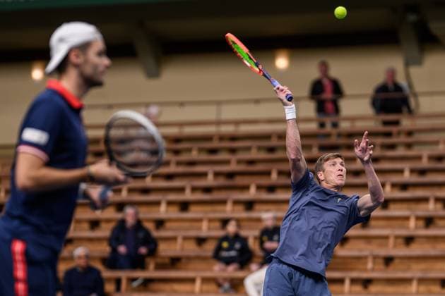241016 Sem Verbeek of Netherlands and AndrÃ Göransson of Sweden compete in a men s doubles tennis match during day 5 of the ATP, Tennis Herren 250 Nordic Open on October 16, 2024 in Stockholm. Photo: Jesper Zerman BILDBYRAN kod JZ SD0014 tennis atp 250 nordic open day 5 bbeng Copyright: JESPERxZERMAN BB241016JZ015