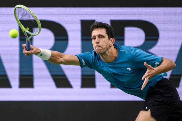 241016 Marcelo Melo of Brazil competes in a men s doubles tennis match during day 5 of the ATP, Tennis Herren 250 Nordic Open on October 16, 2024 in Stockholm. Photo: Jesper Zerman BILDBYRAN kod JZ SD0014 tennis atp 250 nordic open day 5 bbeng Copyright: JESPERxZERMAN BB241016JZ040