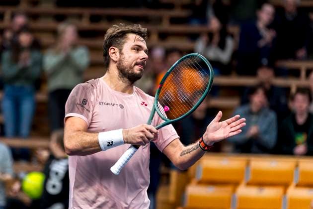 241016 Stan Wawrinka of Switzerland celebrates after competing in a men s singles tennis match during day 5 of the ATP, Tennis Herren 250 Nordic Open on October 16, 2024 in Stockholm. Photo: Sara Damne BILDBYRAN kod SD SD0014 tennis atp 250 nordic open day 5 bbeng jubel Copyright: SARAxDAMNE BB241016SD006