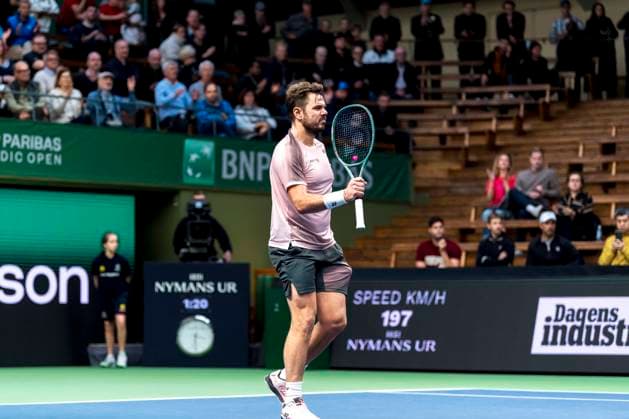 241016 Stan Wawrinka of Switzerland celebrates after competing in a men s singles tennis match during day 5 of the ATP, Tennis Herren 250 Nordic Open on October 16, 2024 in Stockholm. Photo: Sara Damne BILDBYRAN kod SD SD0014 tennis atp 250 nordic open day 5 bbeng jubel Copyright: SARAxDAMNE BB241016SD008