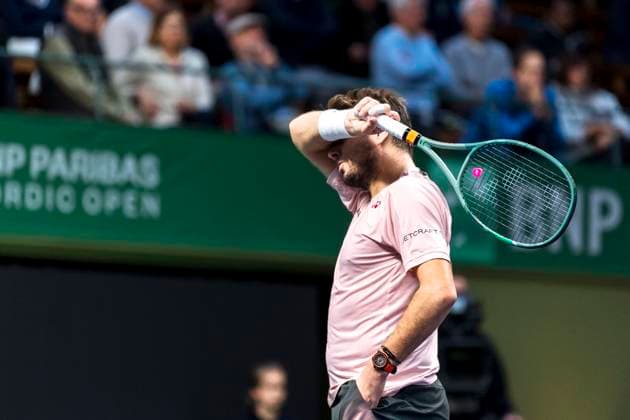 241016 Stan Wawrinka of Switzerland looks dejected while competing in a men s singles tennis match during day 5 of the ATP, Tennis Herren 250 Nordic Open on October 16, 2024 in Stockholm. Photo: Sara Damne BILDBYRAN kod SD SD0014 tennis atp 250 nordic open day 5 bbeng depp Copyright: SARAxDAMNE BB241016SD010