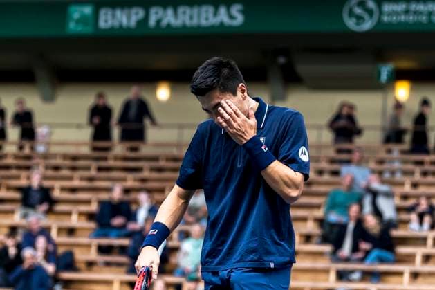 241016 Brandon Nakashima of USA looks dejected while competing in a men s singles tennis match during day 5 of the ATP, Tennis Herren 250 Nordic Open on October 16, 2024 in Stockholm. Photo: Sara Damne BILDBYRAN kod SD SD0014 tennis atp 250 nordic open day 5 bbeng depp Copyright: SARAxDAMNE BB241016SD016