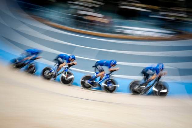 Renato Favero, Francesco Lamon, Manlio Moro and Davide Boscaro from Italy during the men s qualification in 4000 meter team pursuit at the World Championships in Track cycling, Rad, Radsport, Bahnrad, Bahn in Ballerup Super Arena in Denmark Wednesday the 16th of October 2024.. (Photo: Mads Claus Rasmussen Ritzau Scanpix) , Ballerup Denmark Copyright: RitzauxScanpix MadsxClausxRasmussenx spdk20241016-162448-L