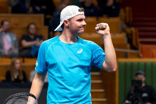 241016 Dominic Stricker of Switzerland celebrates while competing in a men s singles tennis match during day 5 of the ATP, Tennis Herren 250 Nordic Open on October 16, 2024 in Stockholm. Photo: Sara Damne BILDBYRAN kod SD SD0014 tennis atp 250 nordic open day 5 bbeng jubel Copyright: SARAxDAMNE BB241016SD019