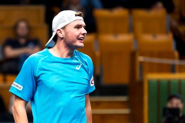 241016 Dominic Stricker of Switzerland reacts in a men s singles tennis match during day 5 of the ATP, Tennis Herren 250 Nordic Open on October 16, 2024 in Stockholm. Photo: Sara Damne BILDBYRAN kod SD SD0014 tennis atp 250 nordic open day 5 bbeng jubel Copyright: SARAxDAMNE BB241016SD024