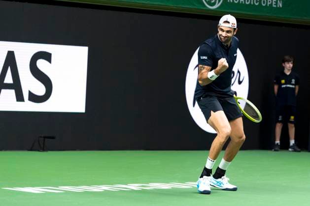 241016 Matteo Berrettini of Italy celebrates while competing in a men s singles tennis match during day 5 of the ATP, Tennis Herren 250 Nordic Open on October 16, 2024 in Stockholm. Photo: Sara Damne BILDBYRAN kod SD SD0014 tennis atp 250 nordic open day 5 bbeng jubel Copyright: SARAxDAMNE BB241016SD025