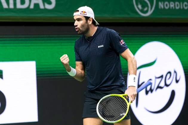 241016 Matteo Berrettini of Italy celebrates while competing in a men s singles tennis match during day 5 of the ATP, Tennis Herren 250 Nordic Open on October 16, 2024 in Stockholm. Photo: Sara Damne BILDBYRAN kod SD SD0014 tennis atp 250 nordic open day 5 bbeng jubel Copyright: SARAxDAMNE BB241016SD026