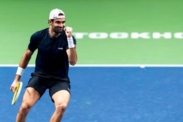 241016 Matteo Berrettini of Italy celebrates while competing in a men s singles tennis match during day 5 of the ATP, Tennis Herren 250 Nordic Open on October 16, 2024 in Stockholm. Photo: Sara Damne BILDBYRAN kod SD SD0014 tennis atp 250 nordic open day 5 bbeng jubel Copyright: SARAxDAMNE BB241016SD029