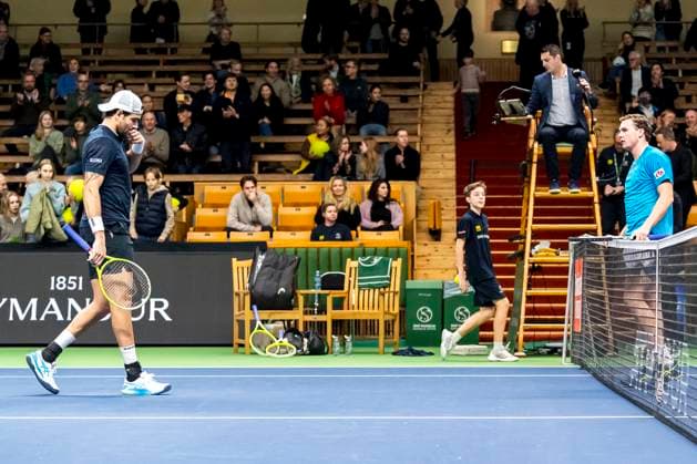 241016 Matteo Berrettini of Italy looks dejected after competing in a men s singles tennis match against Dominic Stricker of Switzerland during day 5 of the ATP, Tennis Herren 250 Nordic Open on October 16, 2024 in Stockholm. Photo: Sara Damne BILDBYRAN kod SD SD0014 tennis atp 250 nordic open day 5 bbeng depp Copyright: SARAxDAMNE BB241016SD031