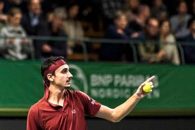 241016 Lorenzo Sonego of Italy competes in a men s singles tennis match during day 5 of the ATP, Tennis Herren 250 Nordic Open on October 16, 2024 in Stockholm. Photo: Sara Damne BILDBYRAN kod SD SD0014 tennis atp 250 nordic open day 5 bbeng Copyright: SARAxDAMNE BB241016SD038