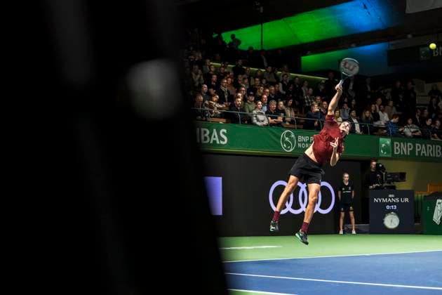 241016 Lorenzo Sonego of Italy competes in a men s singles tennis match during day 5 of the ATP, Tennis Herren 250 Nordic Open on October 16, 2024 in Stockholm. Photo: Sara Damne BILDBYRAN kod SD SD0014 tennis atp 250 nordic open day 5 bbeng Copyright: SARAxDAMNE BB241016SD039