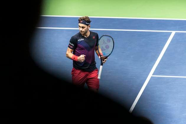 241016 Casper Ruud of Norway celebrates while competing in a men s singles tennis match during day 5 of the ATP, Tennis Herren 250 Nordic Open on October 16, 2024 in Stockholm. Photo: Sara Damne BILDBYRAN kod SD SD0014 tennis atp 250 nordic open day 5 bbeng jubel Copyright: SARAxDAMNE BB241016SD041