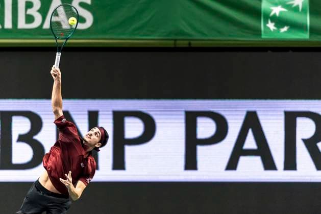 241016 Lorenzo Sonego of Italy competes in a men s singles tennis match during day 5 of the ATP, Tennis Herren 250 Nordic Open on October 16, 2024 in Stockholm. Photo: Sara Damne BILDBYRAN kod SD SD0014 tennis atp 250 nordic open day 5 bbeng Copyright: SARAxDAMNE BB241016SD043