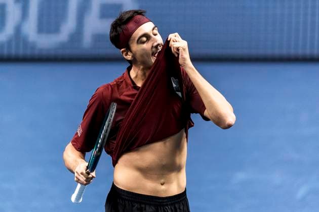 241016 Lorenzo Sonego of Italy looks dejected while competing in a men s singles tennis match during day 5 of the ATP, Tennis Herren 250 Nordic Open on October 16, 2024 in Stockholm. Photo: Sara Damne BILDBYRAN kod SD SD0014 tennis atp 250 nordic open day 5 bbeng depp Copyright: SARAxDAMNE BB241016SD044