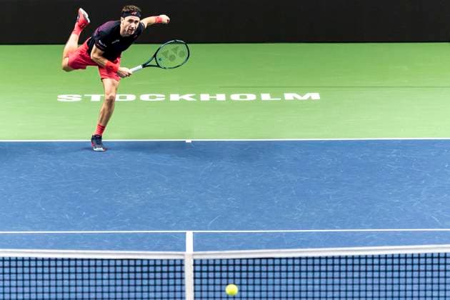 241016 Casper Ruud of Norway competes in a men s singles tennis match during day 5 of the ATP, Tennis Herren 250 Nordic Open on October 16, 2024 in Stockholm. Photo: Sara Damne BILDBYRAN kod SD SD0014 tennis atp 250 nordic open day 5 bbeng Copyright: SARAxDAMNE BB241016SD051