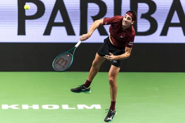 241016 Lorenzo Sonego of Italy competes in a men s singles tennis match during day 5 of the ATP, Tennis Herren 250 Nordic Open on October 16, 2024 in Stockholm. Photo: Sara Damne BILDBYRAN kod SD SD0014 tennis atp 250 nordic open day 5 bbeng Copyright: SARAxDAMNE BB241016SD052