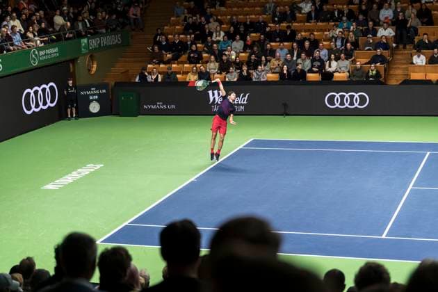 241016 Casper Ruud of Norway competes in a men s singles tennis match during day 5 of the ATP, Tennis Herren 250 Nordic Open on October 16, 2024 in Stockholm. Photo: Sara Damne BILDBYRAN kod SD SD0014 tennis atp 250 nordic open day 5 bbeng Copyright: SARAxDAMNE BB241016SD053